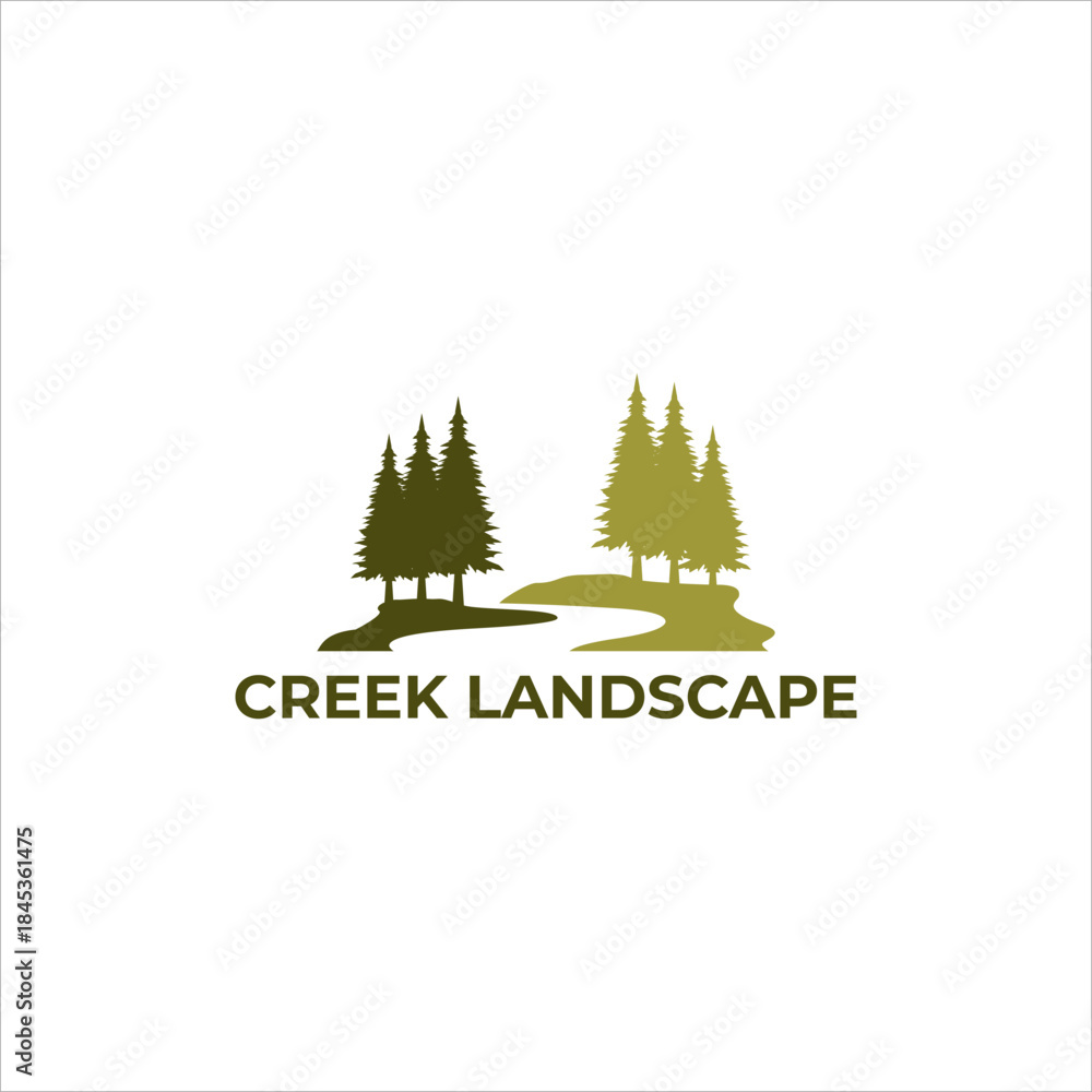 Fototapeta premium Modern vector logo featuring stylized green evergreen trees and a winding creek, symbolizing a natural landscape design