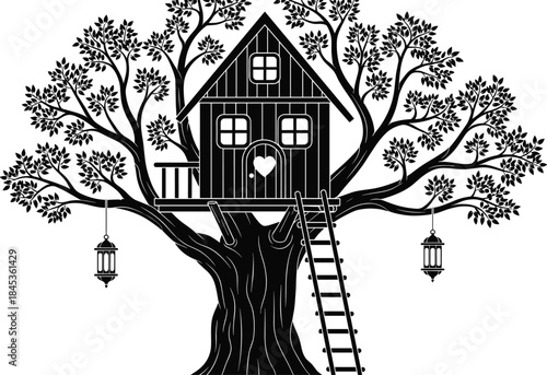 Tree house silhouette with ladder and lanterns, fantasy woodland home concept, cozy nature illustration, black flat vector design