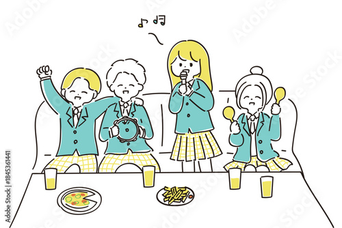 カラオケを楽しむ学生グループのイラスト