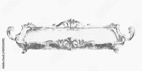 Vintage tray with ornamental border and fine surface scratches, stipple texture and paper grain, faded ink and dust creating retro atmosphere.