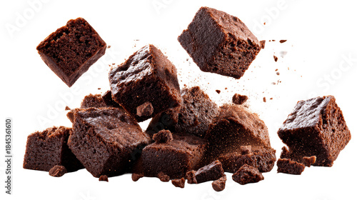 Exploding chocolate brownies flying in air, delicious baked dessert pieces scattering for sweet confection advertising and recipe inspiration