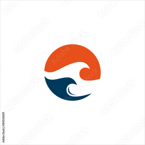 Stylized circular vector logo with viintimate apparelnt orange sun and dynamic blue ocean waves, modern graphic design element