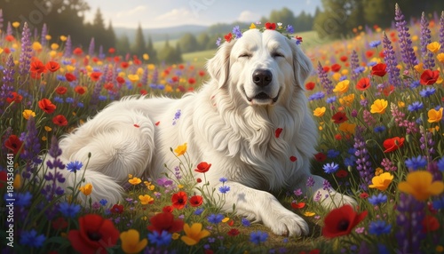Fototapeta Naklejka Na Ścianę i Meble -  Serene Large White Dog Adorned With Wildflower Crown Resting Peacefully in a Vibrant Meadow Under Soft Sunlight