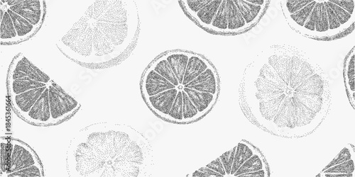 Pattern of lemon and orange slices with grainy pulp texture, faded outlines, halftone specks and vintage fruit illustration on soft paper surface.