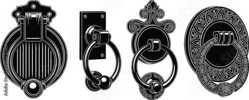 Vintage door knocker set vector illustration, ornate antique metal door hardware collection, black and white decorative entrance accessories design, for classic homes