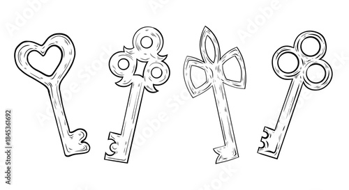 Vector set of key graphics. Illustration of vintage keys. Vector graphics, realistic black and white illustration, line drawing, ink. Design and typography.