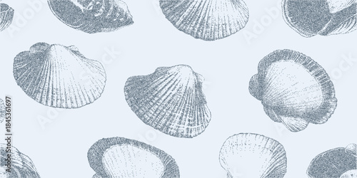 Background with sea shells, granular grain texture, layered dust and faint worn spots on rough paper surface with vintage distress.