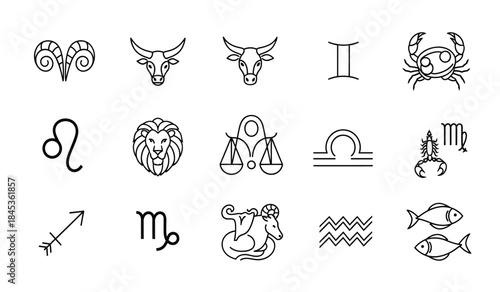 a collection of delicate line art illustrations depicting various zodiac signs and constellations including animals and symbols on a white background high quality