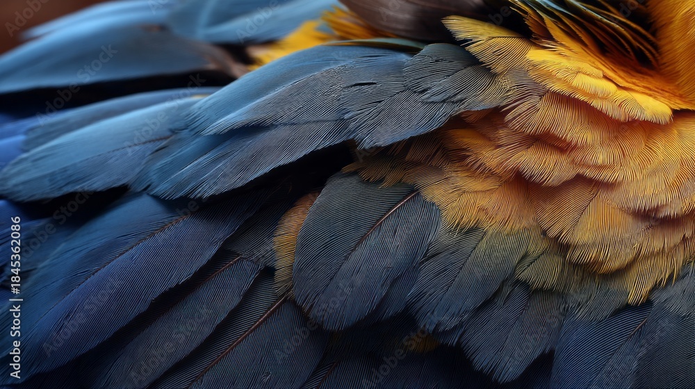 Obraz premium Vivid blue and gold feathers create a stunning tapestry, showcasing intricate patterns and textures. This close-up reveals nature's artistry in a moment of quiet splendor