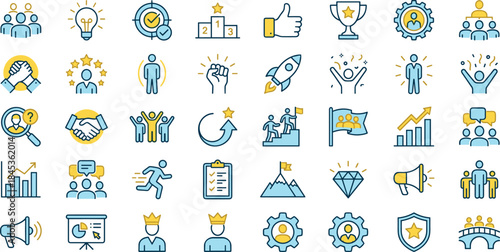 Business success leadership icons set, motivation teamwork achievement growth strategy management innovation performance goals flat vector illustration collection modern design