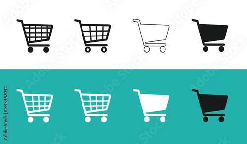 A collection of shopping cart icons in varying styles and orientations presented in both black and white color schemes against a teal background