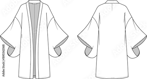 Women kimono robe front and back view technical fashion flat sketch, garment specification CAD drawing vector illustration