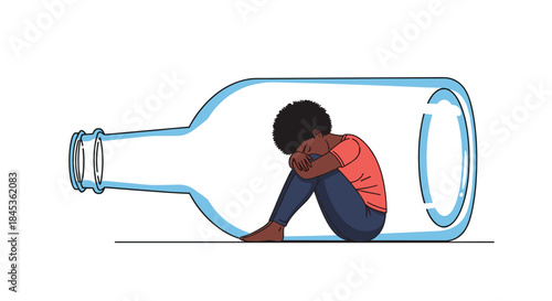 Person sits inside a glass bottle with knees drawn to the chest expressing loneliness and emotional strain as they confront isolation and urge to break free.