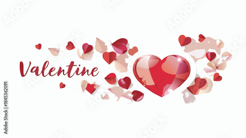A detailed 3d red heart with glass like shine surrounded by smaller hearts and petals on white background for valentine's day