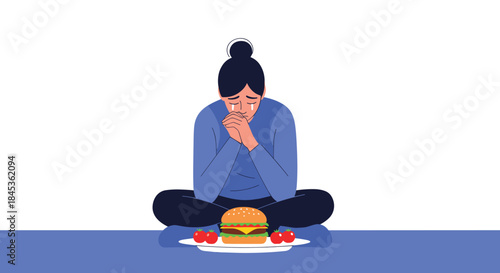 Person sits cross-legged on a blue floor with hands clasped in front of a hamburger on a plate expressing worry hunger and quiet contemplation.