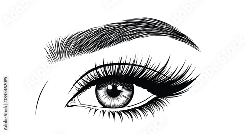Close up of an eye featuring long lashes a detailed iris a prominent eyebrow arch and bold high contrast monochrome shading to emphasize texture and form.