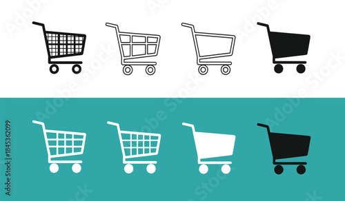 A collection of shopping cart icons in varying styles and colors is displayed showcasing different design options for retail and e commerce applications