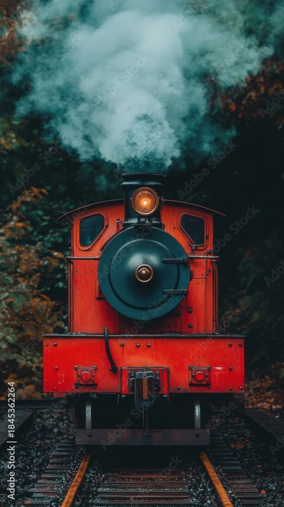 Fototapeta premium Vintage Red Steam Locomotive Train Puffing Smoke in Forest.