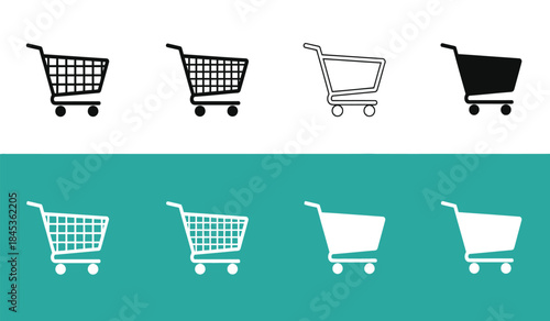 A visually striking composition displays varied shopping cart icons in both black and white illustrating different styles and perspectives of retail high quality
