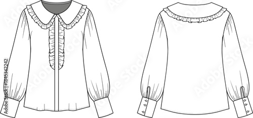 Women ruffle collar blouse technical fashion sketch front back view, long sleeve shirt cad drawing flat vector illustration