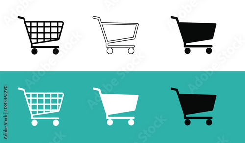 A visual representation featuring six distinct shopping cart icons displayed in varying styles and colors on a teal background high quality professional detailed