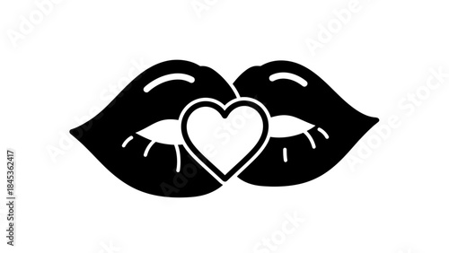 Minimalist Black and White Illustration of Lips Embracing a Heart Symbol in a Romantic and