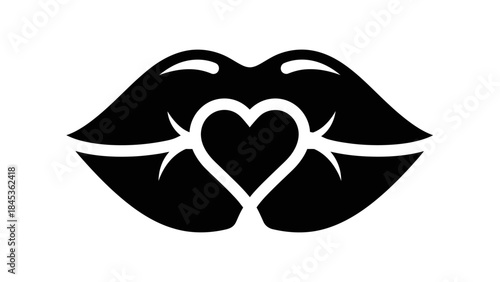 Minimalist Black and White Illustration of Lips with Heart Symbol in Center