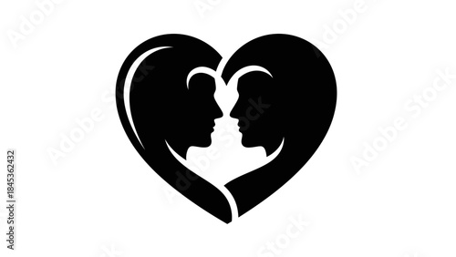 Minimalist black and white illustration of two faces within a heart shape symbolizing love and