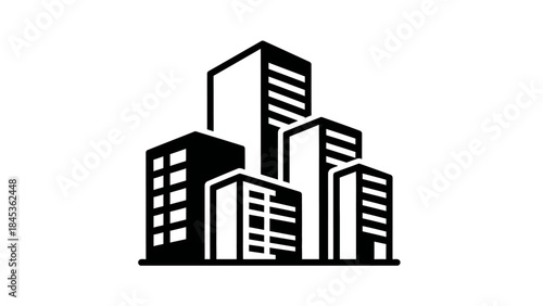 Minimalist Black and White Illustration of Urban Downtown Skyscrapers Tall Building Cluster