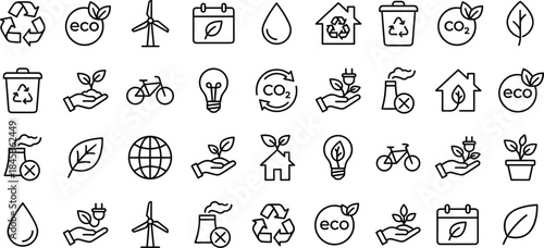 Eco and sustainability icons set, renewable energy recycling symbols collection for environmental protection, green lifestyle, climate, web, app design use