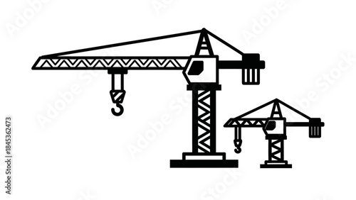 Minimalist black and white line art illustration of construction cranes used in building projects