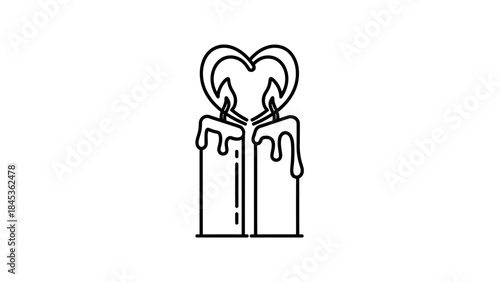 Minimalist Black and White Line Art Illustration of Two Candles with Heart-Shaped Wicks Emitting a
