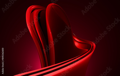 Abstract Red Glass Ribbon Waves 3D Render with Smooth Flowing Curves and Glossy Surface on Dark Gradient Background
