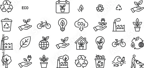 Eco sustainability line icons set, recycling renewable energy environment protection green technology climate conservation outline vector illustration collection