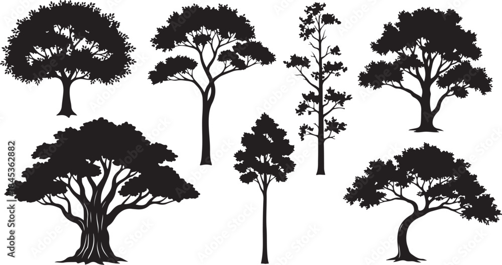 Fototapeta premium Collection of diverse tree silhouettes vector set