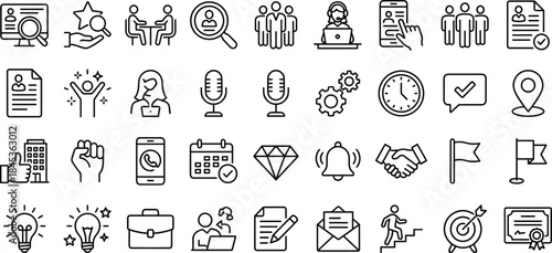 Minimal business outline icons set, black line vector symbols for recruitment, teamwork, communication, productivity, management, workflow, strategy, office concepts