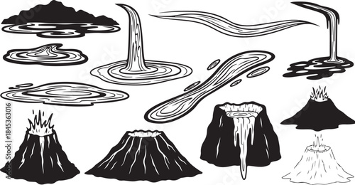 Volcano and water element icons set black
