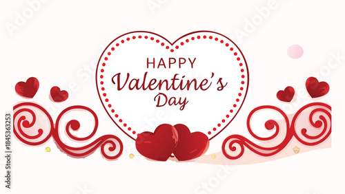 A flat composition featuring a large centered heart with dotted border and smaller hearts surrounded by swirling lines on white background