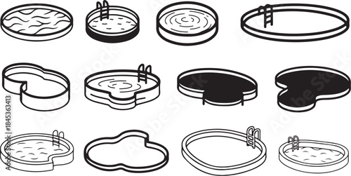Twelve different swimming pool icons set