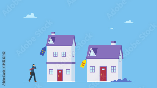 Confused businessman making decision to buy or rent a house. House buy or rent, making decision for owning property and real estate, long term debt or mortgage, investment or lifestyle choice.