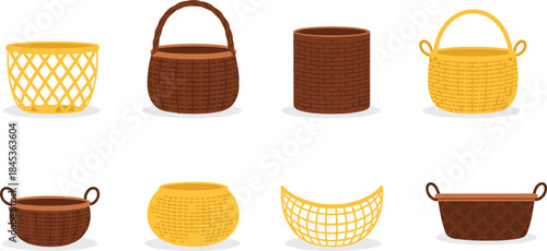 Set of various woven wicker baskets and hampers in different shapes and sizes for storage and picnic, isolated flat vector illustration collection