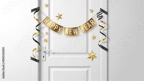 Realistic New Year Door Decoration with Gold Banner, Black and Gold Streamers, and Happy New Year Text Vector Illustration