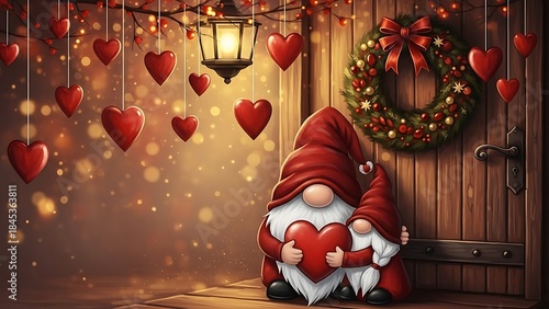Charming garden gnome with heart welcomes visitors to a festive valentine s day doorway