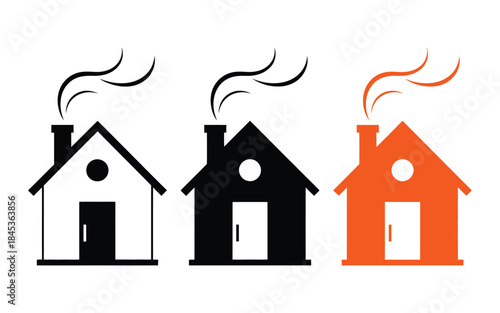 winter cabin icon vector featuring a cozy home with chimney smoke symbol, designed for winter themes, holiday graphics, seasonal illustrations, real estate visuals, and warm countryside design project