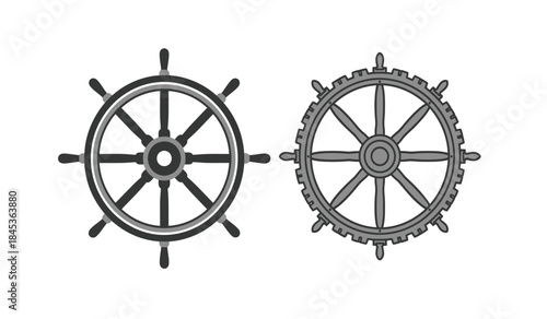 A detailed illustration showcases two distinct circular mechanisms a ship s steering wheel and a geared wheel both rendered in monochrome style and side