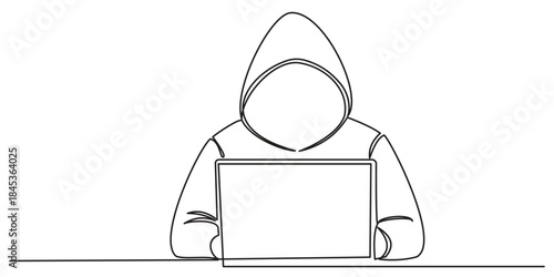 Hacker Working with Laptop One Line Drawing. Man Hacker with Laptop One Line Art. Continuous Line Vector Illustration