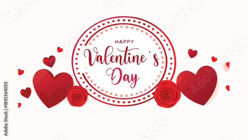 Large red heart valentine's day flat illustration with hearts and roses on white background for love and romance concepts