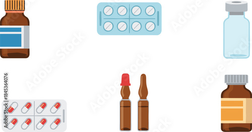 Pharmaceutical medicine icon set featuring syrup bottle, tablet blister pack, vaccine vial, capsule blister, glass ampoules, and drug jar, healthcare flat vector illustration design.