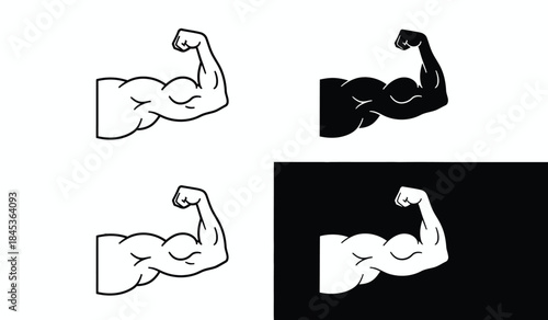 A visual representation showcases a strong flexed bicep muscle in both outlined and solid black versions demonstrating contrast and design variations high quality