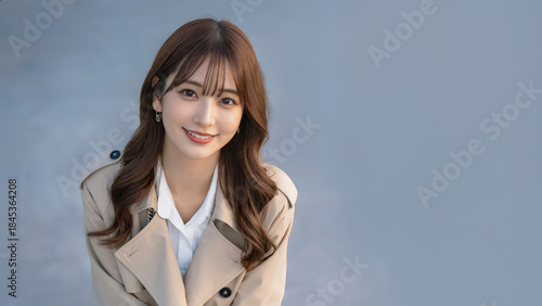 白シャツにトレンチコートを重ねた美しい女性が、見上げるようにやさしく微笑んでいる